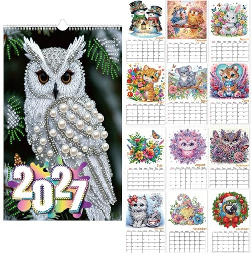 Diamond Art Painting 2027 Wandkalender, 12 Monate Hängender Wandkalender Perfekt für Zuhause, Büro, 25 x 17 cm-01-Tiere