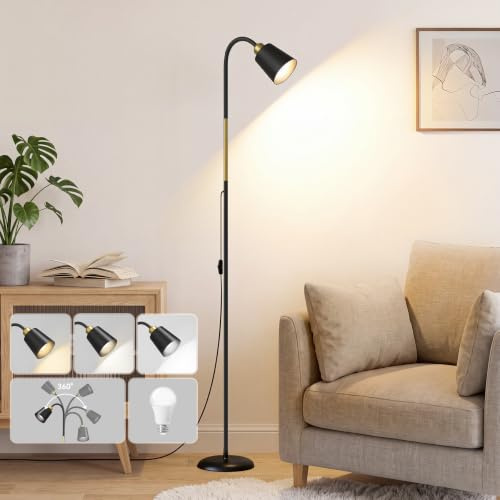 Bonsery LED Stehlampe Industrielle mit 3 Farbtemperaturen Dimmbar, 160CM Stehlampe Wohnzimmer 360° Schwenkbar & Höhe Verstellbar, Schwarz-Gold Stehleuchte inkl. LED Leuchtmittel E27, Geschenkidee