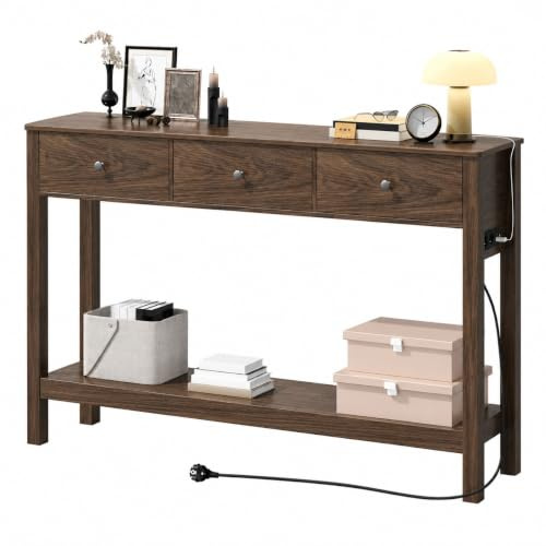 Xbro Mesa de Consola con Tomas de Corriente, Mesa de Pasillo con 3 Cajones y Estante, Mueble Recibidor Entrada para Entrada, Pasillo,Salón,130 x 30 x 80 cm,Marrón