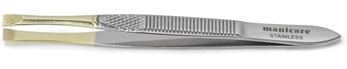 Manicare Flat Tweezer, Surgical Grade Stainless Steel, Gold Plated Highlights Dark Hair, Precision Plucking, Eyebrow Tweezing, Removes Unwanted Hair, Facial Hair, Professional Beauty Accessory Tool