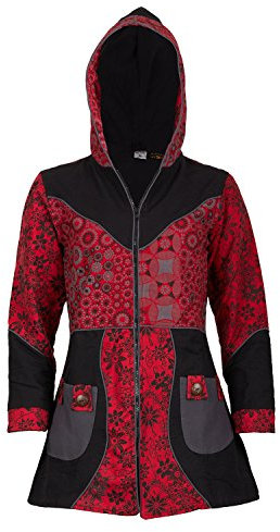 Kunst und Magie Damenmantel mit Kapuze Blumenmuster Jacke Baumwolle, Größe Damen:40-42, Farbe:Schwarz/Rot
