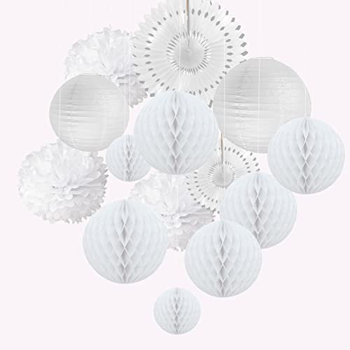 EASY JOY Hochzeitsdeko Vintage Lampions,Pompons Deko Weiß,lampions weiß,Seidenpapier Pompoms,Taufe Deko, Konfirmation Deko,kommunion Deko,für Geburtstag,Party Deko,Valentinstag,Tischdeko Hochzeit