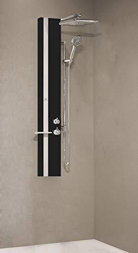 Colonna Doccia Novellini Line 2 Standard Attrezzata Miscelatore Termostatico Colore Nero Opaco Fascia Mensola Argento Soffione Ripiano Porta Oggetti Doccetta Misura 22x57,5xH150 cm