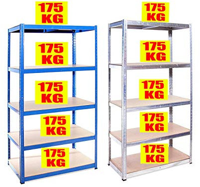 Lagerregal Schwerlastregal Verstellbare Steckregal Metallregal, Garagenregal Kellerregal Werkstattregal, bis 875 kg belastbar (175 kg pro Ablage), Einfache Installation, 180x90x40cm, Blau