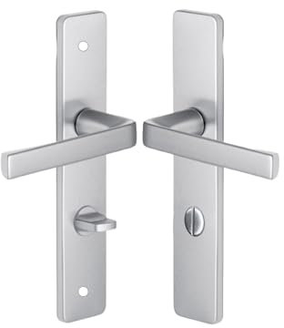 Vachette Set de Poignée de Porte sur Plaque KAZA - Version à Condamnation pour Porte de WC et Salle de Bain - Entraxe 195 mm - Matériau Aluminium Résistant - Garantie 10 Ans - Finition Argent
