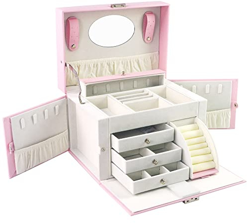 ADEL DREAM Damenschachtel PU-Leder Medium Juwelierlocker mit Schloss Geeignet für Heimfahrt um Ringe Ohrringe Halsketten und armbänder zu lagern 4 Ebenen J08-Rosa