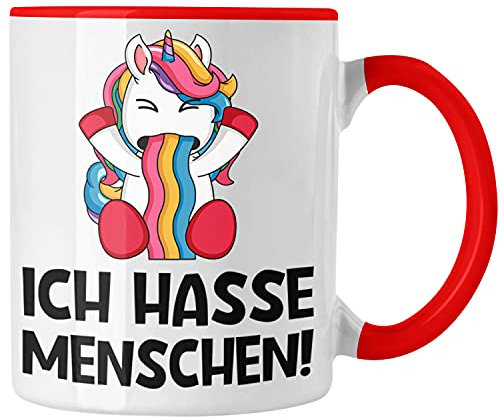 Trendation - Ich Hasse Menschen Tassen Tasse Becher Kaffeetasse Einhorn Lustig Spruch Geschenk Frauen Männer (Rot)