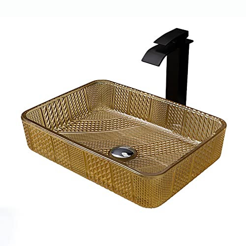 SHUGUANG Lavabo Vasque en Verre Rectangle Vasque à Poser en Verre Jaune Lavabo Lave-Mains Artistique Lavabo Vasque a Poser avec Ensemble de Drainage, 460×330×120mm,Sink with Black Faucet