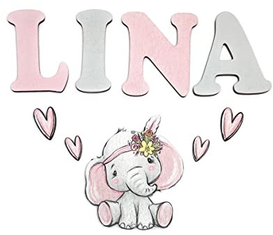 Personalisierte Kinderzimmer Dekoration, Holzbuchstaben wahlweise mit Elefant und Herzen, Grau und Rosa, inkl. Klebepunkte