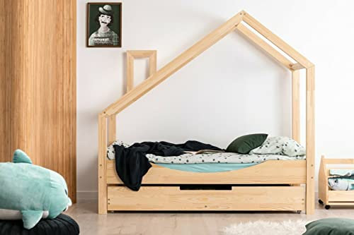 ahoj baby Hausbett mit Schublade für Kinder, Montessori-Hausbett, solides handgefertigtes Bett für Kleinkinder, Kinderbett, Bettrahmen, Cottage-Bett, Kleinkinderbett (90x160) (70x180)