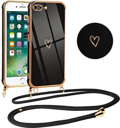 Vauki handyband Hülle für iPhone 8 Plus/iPhone 7 Plus mit Band, mit Liebesmuster TPU Handyhülle Ultra dünn Stoßfeste, Galvanik Silikon Case Bumper mit Kordel zum Umhängen für iPhone 8 Plus, Schwarz