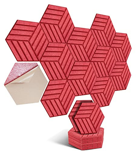 Hexagon Akustikplatten selbstklebend 12 Stück I Schallabsorber Schallschutz mit hoher Dichte für Wand Decken Holz & Tür - Akustikpanel Schallschutzplatten, 30x26x0.9cm,Streifen,Rot