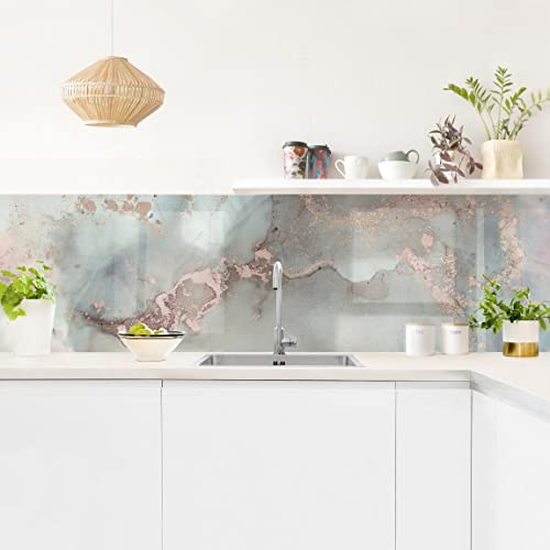 Bilderwelten Küchenrückwand Folie Glänzend 70x245 cm Marmor Pastell und Gold Spritzschutz Fliesenspiegel Küche-Rückwand Motiv Klebefolie