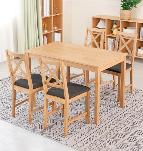 Hallowood Furniture Waverly Solid Oak Small Dining Table and Chairs Set 4 | 120x70cm Solid Oak Rectangular Kitchen Table and Chairs with Cross Back and Charcoal Grey Upholstered Seats for Home and Café
