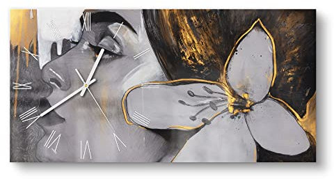 DEQORI Glasuhr | vertikal 60x30 cm | Motiv Frau mit Blüte im Haar | große XXL Design Uhr aus Glas | leise Wanduhr für Wohnzimmer & Küche | Moderne Hingucker Uhr für die Wand
