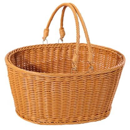 Cabilock Geflochtener Rattankorb Oval Klein Aufbewahrungskorb aus Rattanimitat mit Griff Dekorativer Korb für Snacks Gemüse Blumen Picknick Zuhause Langlebiges Material Hellbraun