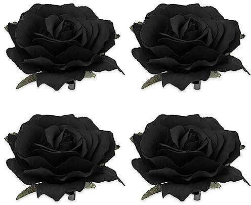 Sibba 4 Stück Blumen-Haarspangen-Korsagen Rosen-Pin-Brosche Große Boutonniere-Haarspangen Schmuck Ballett-Tanz-Kopfbedeckung Stoffschleife Haarnadel-Kopfbedeckung Outfits Party Hochzeit Event(Schwarz)