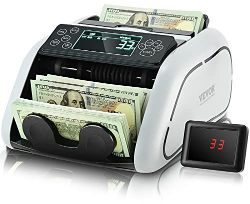VEVOR Geldzählmaschine, Banknotenzähler mit UV-, MG-, IR- und DD-Falschgelderkennung, USD- und EUR-Geldzählmaschine mit Großem LCD & Externem Display für Kleine Unternehmen