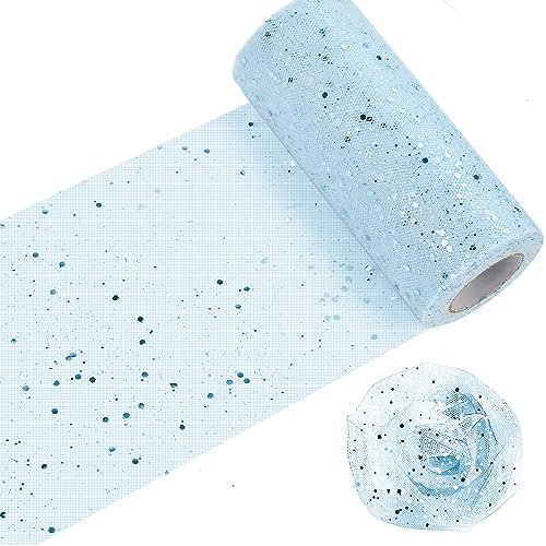 HAOMEEDUO Glitzer Tüll Tüllband mit kleine Pailletten Rolle Tüll Stoff mit Glitzern Dekostoff Tischband Glitzertüll für Hochzeit Party Bankett Deko Handwerk Hochzeit Geschenk Bogen (15cm*30m, Blau)