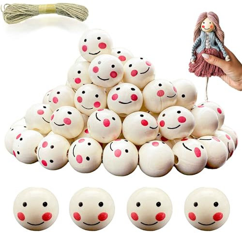 100pcs Holzperlen mit Gesicht 20mm Holzperlen, Holzkugeln Mit Gesicht DIY Holzköpfe Mit Gesicht Ball Perlen Mit Gesicht für Thanksgiving Weihnachtsbaum