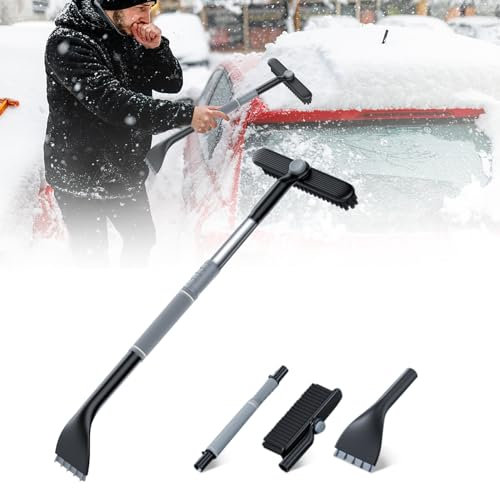 Recitem Auto Reinigungsbürste Eiskratzer Schneebesen,Eiskratzer Auto mit Besen,Blitzschnell EIS und Schnee mit,mit 360 ° Grad Bürstenkopf für Auto LKW SUV (grau)
