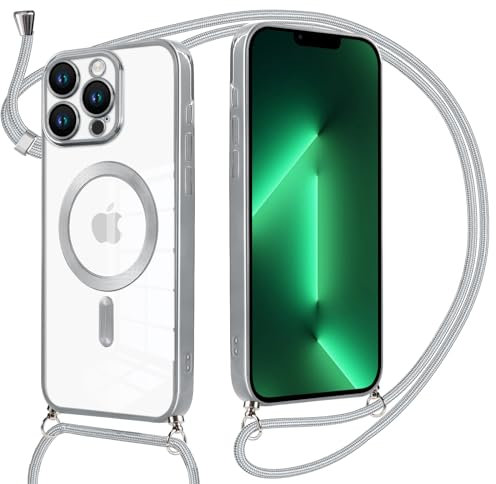 Oelrstfe Coque Magnétique pour iPhone 13 Pro 6.1 avec Cordon, Transparent Housse Étui Compatible avec MagSafe Case avec Collier Lanyard Ultra Mince Souple TPU Silicone Camera Antichoc,Argent