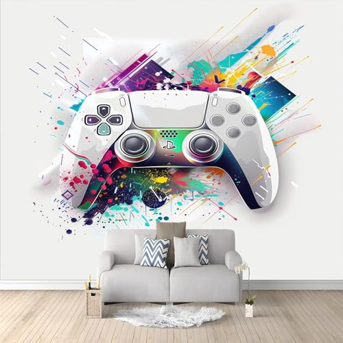 3D Panoramique Murale Manette De Jeu Graffiti 300x210 cm Papier Peint Intissé pour Salon Chambre Enfant Chambre Décoration Murale Poster Tableaux Photo Muraux