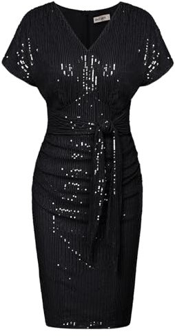 GRACE KARIN Damen kurzärmliges V-Ausschnitt glitzernde Pailletten Knielang schmal geschnittenes Kleid für Hochzeitsgastkleider Schwarz XXL