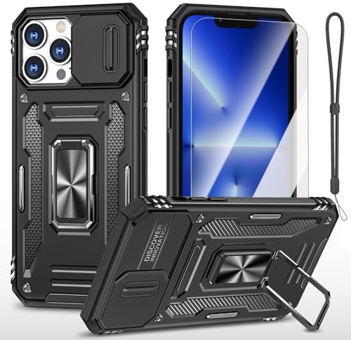 AFARER iPhone 12 Pro Max Hülle mit 360 Grad Ringhalterung und Kameraschieber, Militä robuste stoßfeste Handyhülle mit Bildschirmschutz und Handy-Lanyard für iPhone 12 Pro Max 6.7“-Schwarz