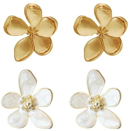 2 paires de boucles d'oreilles fleurs à cinq pétales, boucles d'oreilles boules, boucles d'oreilles fleurs, boucles d'oreilles blanches, boucles d'oreilles dorées pour femme