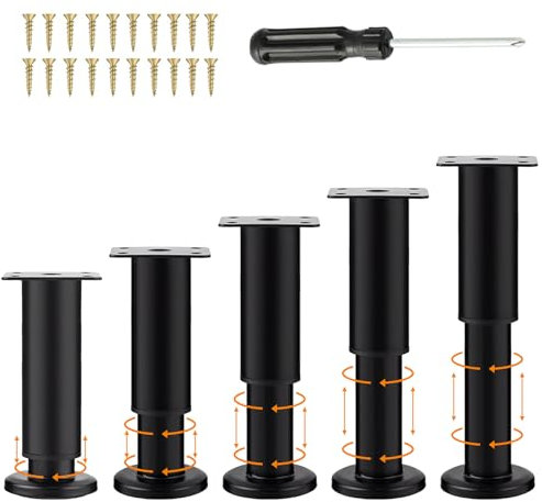 5 Pièces Pieds Meubles Noir Réglables 18-30cm, Jambe Support Canapé avec 20 Vis et 1 Tournevis, Pied Lit pour Table, Chaise, Bureau, Cuisine, Armoire, Pieds Salle Bain Ronds Universel Perçage sans