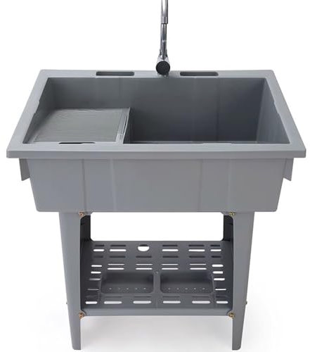 Station de lavage des mains portable, éviers utilitaires d'extérieur en plastique autonome avec kit de vidange de robinet de planche à laver, sous-sol, garage, magasin de jardin (gris, une couche)