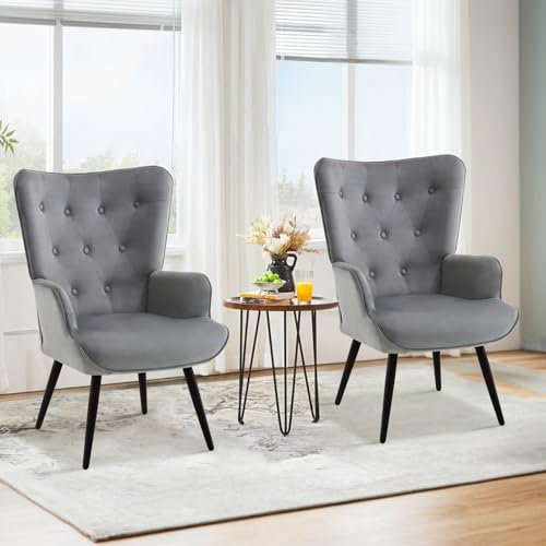 Ckaff Sessel Ohrensessel 2er Set, Relaxsessel aus Samt Lesesessel mit Hoher Rückenlehne Loungesessel Polstersessel mit Metallbeinen fürs Wohnzimmer Schlafzimmer Arbeitszimmer Gästezimmer, Grau