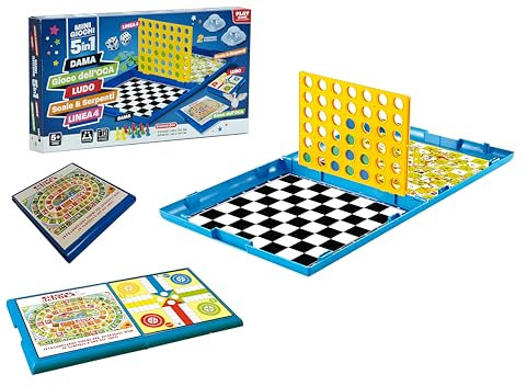 Giochi Riuniti 5 in 1 Mini Giochi Raccolta Giochi da Tavolo Forza 4 Gioco dell'Oca Dama Ludo Scale e Serpenti Valigetta Tabellone di Gioco Richiudibile Gioco da Tavolo di Società per tutta la Famiglia