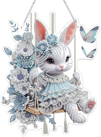 FONDUO Ostern Diamond Painting zum Anhänger, DIY Diamond Painting Ostern Hase Ei Frühling Deko, Frühling Deko Diamant Malerei, Ostern Geschenk Diamantmalerei Fensterbilder für Wand Fenster (J)