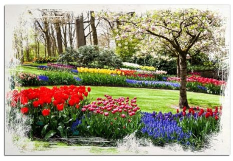 Wallario Wandbild aus Holz Bunte Blumen und Kirsch-Baum im Park blühen im Frühling - 60 x 90 cm in Premium-Qualität: Brillante Farben