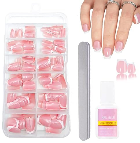 French Tip False Nails - 120pcs Short False Nails Pink French Sets with Glue - Glossy Full Cover Glue Acrylic Fake Nail Art Gifts for Women Girls
