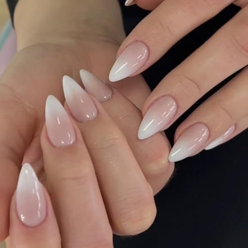 KQueenest Ombré Rosa Press On Nails Mittel Mandel - Acryl Nägel zum Aufkleben Französisch, Natürlich Fake Nails Fingernägel zum aufkleben, Glänzende Gel Full Cover Kunstnägel für Frauen 24 Stück