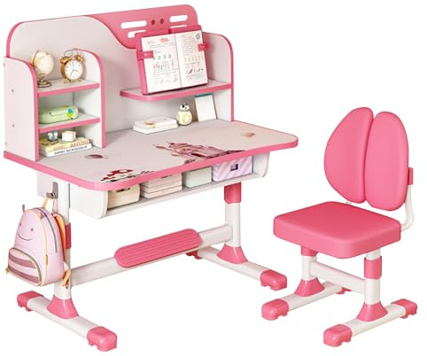 Upgraded Kinderschreibtisch,höhenverstellbar, Schüler-Schreibtisch und Stuhl, Kinderschule, Studiertisch mit Schubladenablagen, Bücherregal, Studienstuhl und Schreibtisch für Kinder(Rosa 111cm)
