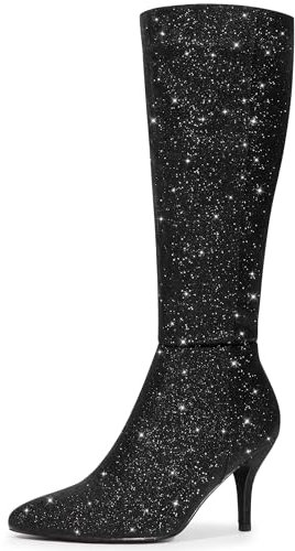 Allegra K Bottes hautes pour femmes à bout pointu scintillant scintillant et talon aiguille Noir 41