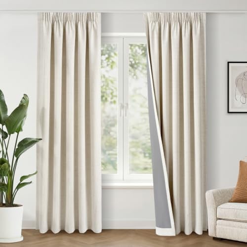 INOVADAY 100% Verdunklungsvorhänge Kräuselband 2 Stück 245x140cm,Creme | Gardinen mit Kräuselband Wohnzimmer für Schienensystem, Vorhang Blickdicht Leinenoptik, Thermovorhang Schlafzimmer, OEKO