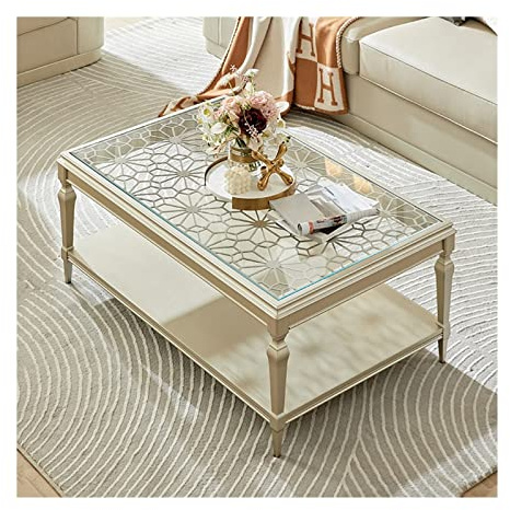 YANGJINGOZ-2025 Wohnzimmertisch Moderner Einfachheits-Couchtisch mit Hohlschnitzerei und Glasplatte, rechteckiger Luxus-Sofatisch 47,2 Zoll offenem Regal for das Wohnzimmer Gartentisch