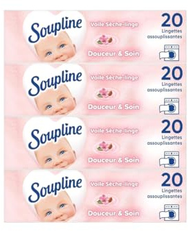 SOUPLINE Voile Sèche-Linge Adoucissant Douceur & Soin, Parfume le Linge de Maison, Complément Idéal à Votre Lessive et à Votre Adoucissant Linge, Pour Tous Sèche-Linges, Parfum Durable, 80 Lingettes