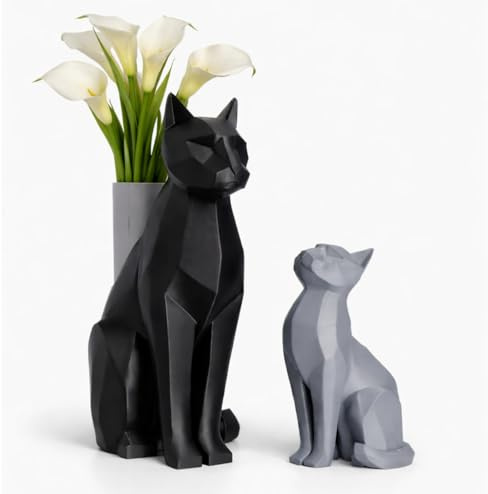 Set di 2 figurine di gatto con vaso porta fiori, statua di gatto nero e grigio per la decorazione domestica, idea regalo per gli amanti dei gatti, donna ragazza ragazzo regalo di compleanno.