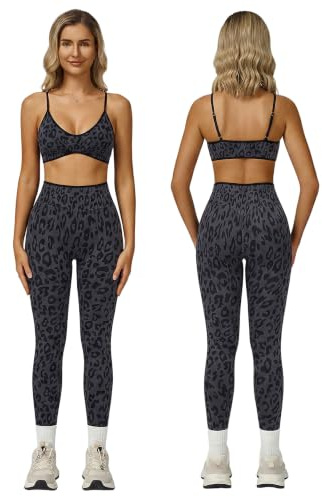 Odizli Sport Set Damen Lang Leopardenmuster BH Top + High Waist Leggings Gym Fitness Outfit