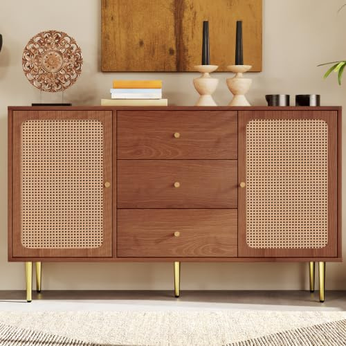 QXJVA Sideboard Nussbaum Kommode mit 2 Türen und 3 Schubladen Rattan Anrichte Vintage Stauraumschrank mit Goldgriffen Mehrzweckschrank für Wohnzimmer Schlafzimmer Esszimmer Flur