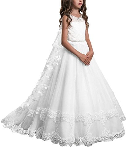 PLwedding Lace Flower Girls Dresses Girls First Communion Dress Princess Wedding Size 8 White