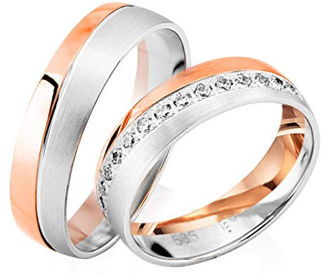 2 x Trauringe Weißgold/Rotgold mit Zirkonia Steine halbkranz im verschnitt inkl. Etui + Gravur Paarpreis Hochzeitsringe Eheringe Paarringe