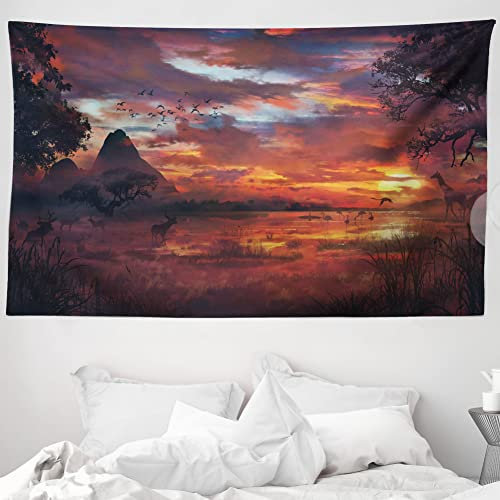 ABAKUHAUS Landschaft Wandteppich und Tagesdecke, Safari Wild Forest aus Weiches Mikrofaser Stoff Waschbar ohne Verblassen Digitaldruck, 230 x 140 cm, Orange Schwarz