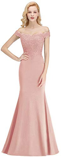 BABYONLINE D.R.E.S.S. Robe de Soirée Femme Longue Sirène Trompette Epaules Nues Perlée avec Broderie Dentelle Florale Rose 42
